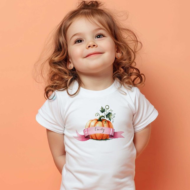 Personalized Toddler T-Shirt Pink Orange Pumpkin (Pumpkin t-shirt for kids personalized with your child's name by VG Invites)