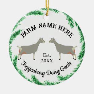 Personalized Toggenburg Dairy Goat Pine Wreath Ceramic Ornament