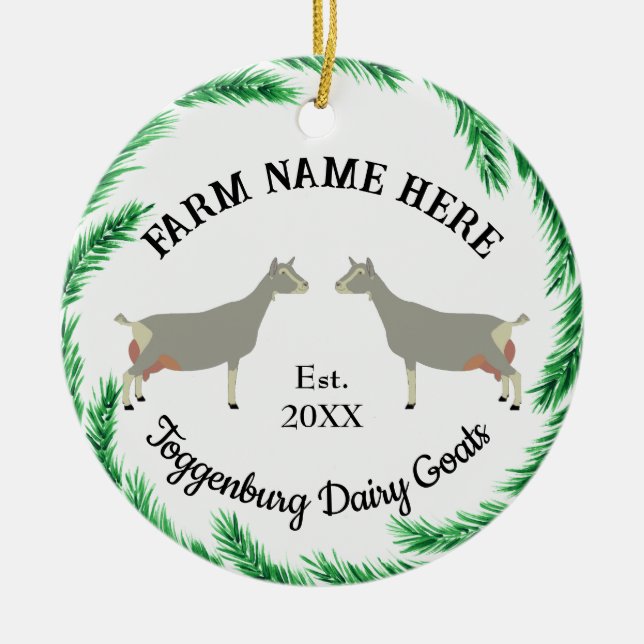 Personalized Toggenburg Dairy Goat Pine Wreath Ceramic Ornament (Front)