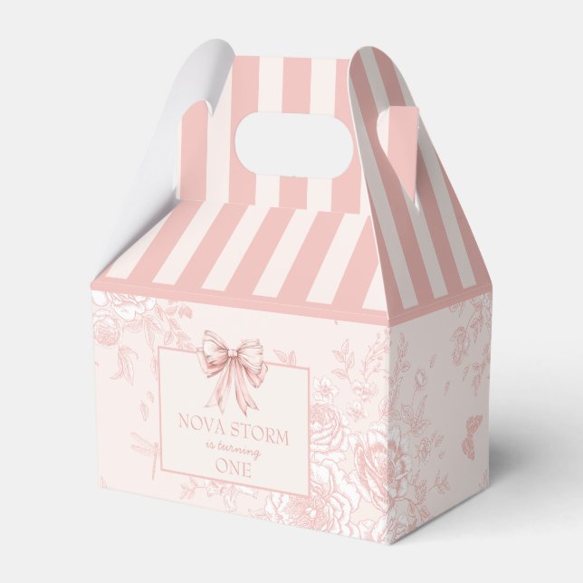 Personalized Toile Blush Pink Coquette Birthday Favor Boxes (Front Side)