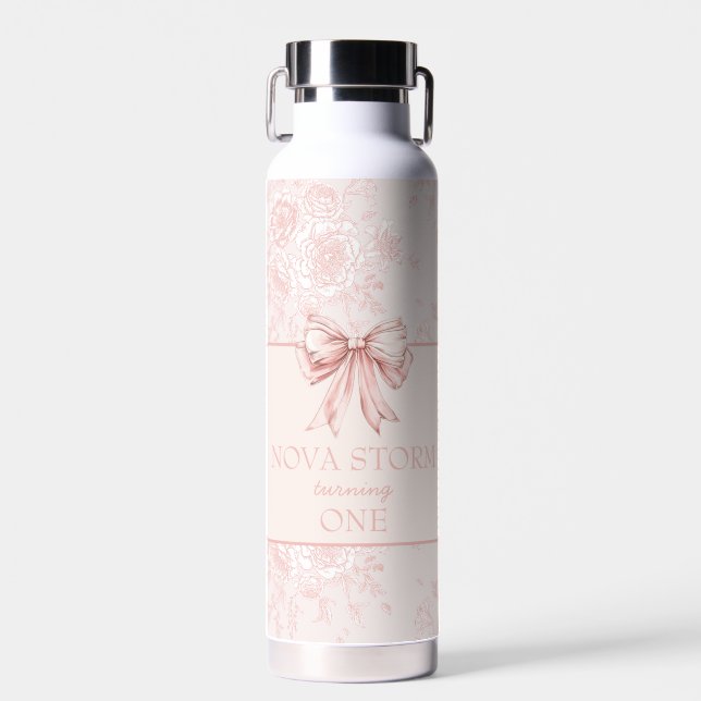 Personalized Toile Blush Pink Coquette Birthday Water Bottle (Front)
