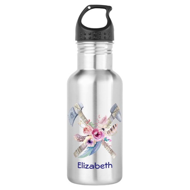 Personalized Tomahawk Feathers and Flowers Stainless Steel Water Bottle (Front)