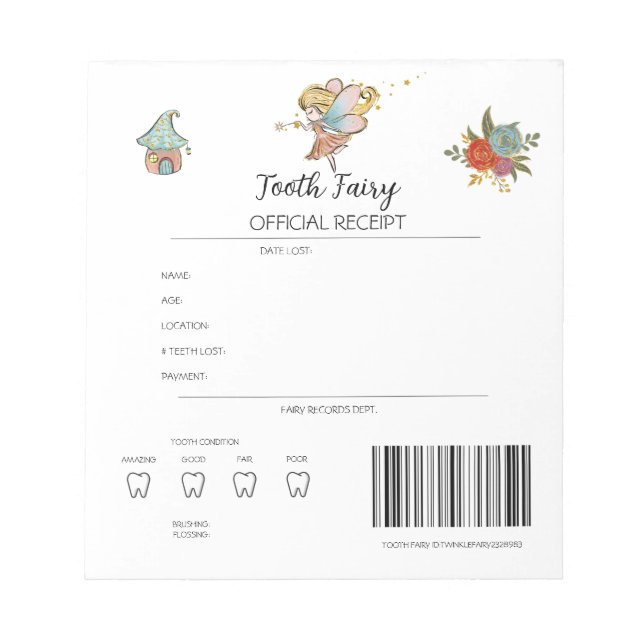Personalized Tooth Fairy Receipts Notepad (Front)