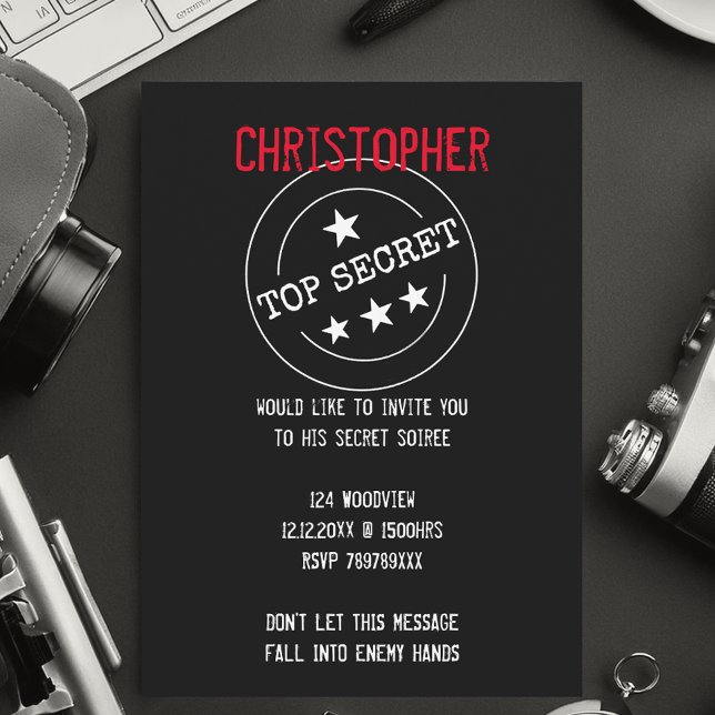Personalized TOP SECRET Party Invitation (Top Secret party invites not just for kids)