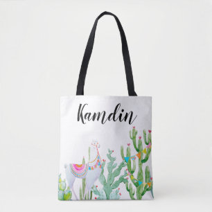 Personalized Tote Bag Boho Llama Bohemian Cacti De