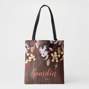 Personalized Tote Bag Cotton Branch on Dark Wood S