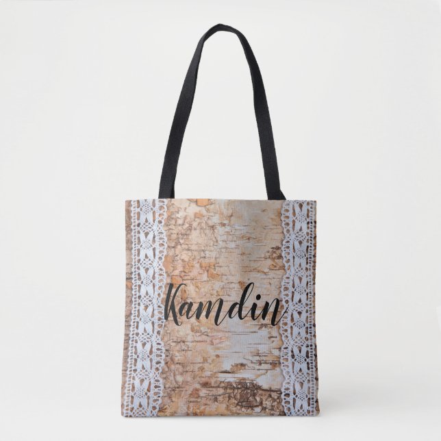 Personalized Tote Bag Country Barn Wood Lace Trim (Front)