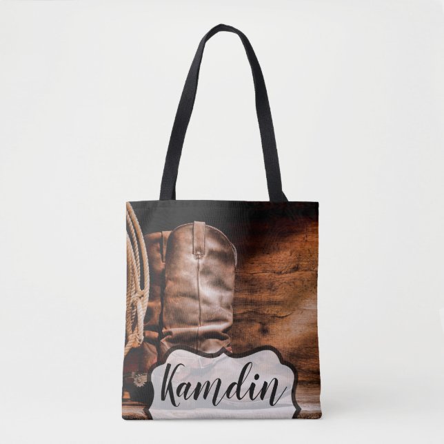 Personalized Tote Bag Cowboy Boots Barn Wood Rusti (Front)