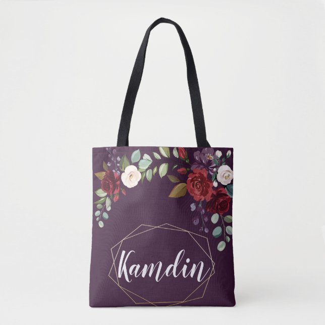 Personalized Tote Bag Plum Purple Roses Gold Geome (Front)