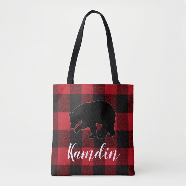 Personalized Tote Bag Red Buffalo Plaid Bear Black (Front)