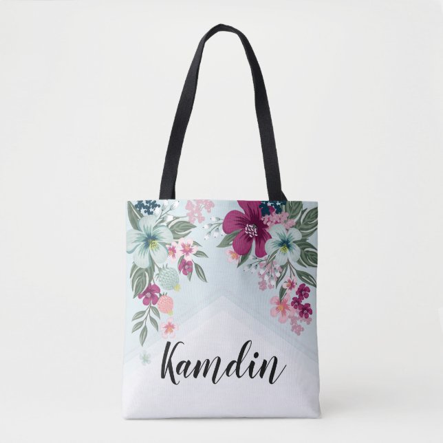 Personalized Tote Bag Tropical Flower on Blue Ombr (Front)