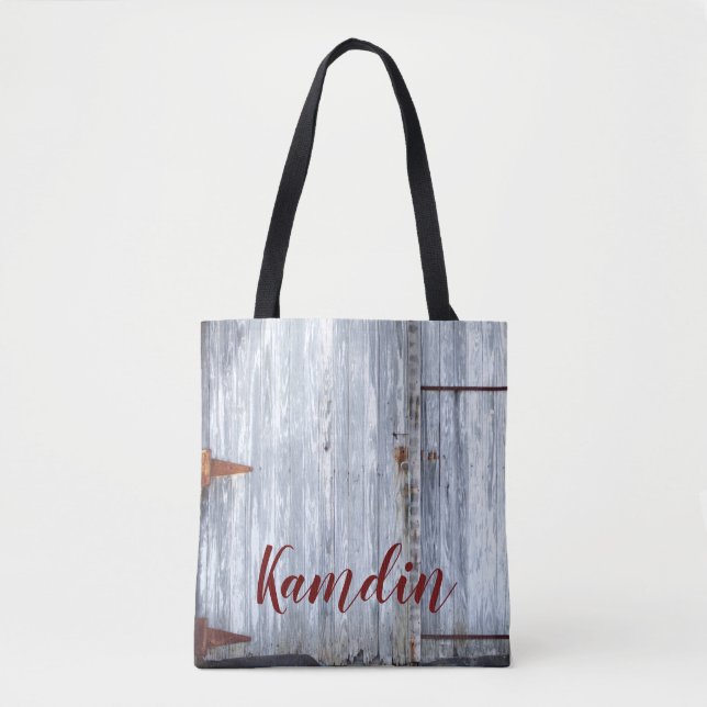 Personalized Tote Bag White Wash Wood Barn Door Co (Front)
