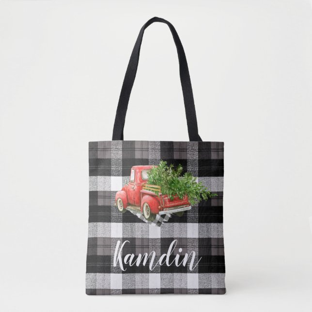 Personalized Tote Bag XMAS Truck Baffalo Plaid Bla (Front)