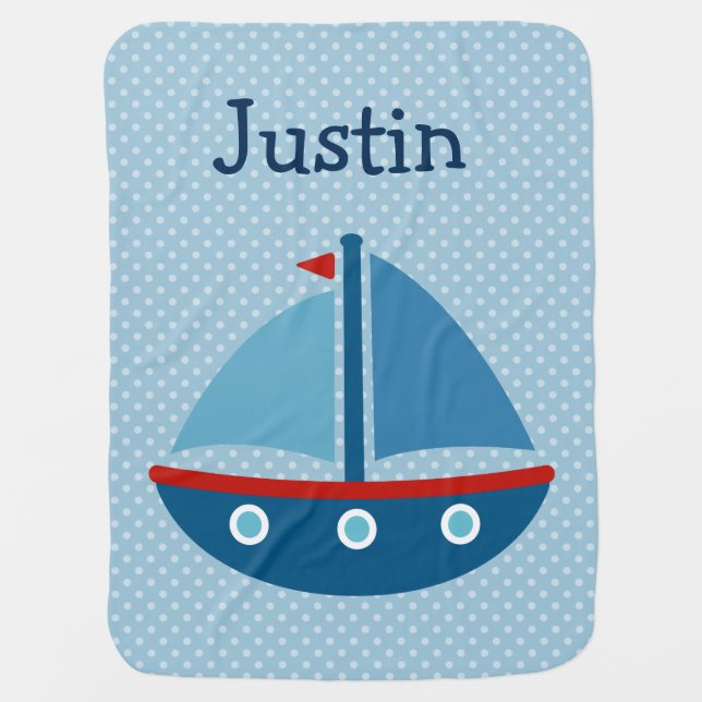 Personalized toy boat polkadotted baby blanket (Front)