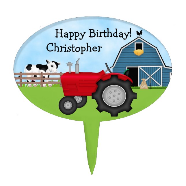 Personalized Tractor and Barn Birthday Cake Topper (Front)