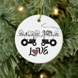 Personalized Tractor Couple Farm LOVE Christmas Ceramic Ornament