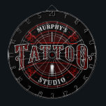 Personalized Traditional Style Tattoo Studio Shop Dart Board<br><div class="desc">Traditional Style ADD NAME Tattoo Studio Shop design - Vintage Look with Red,  White,  Black colors. Customize with Your Name or Custom Text!</div>