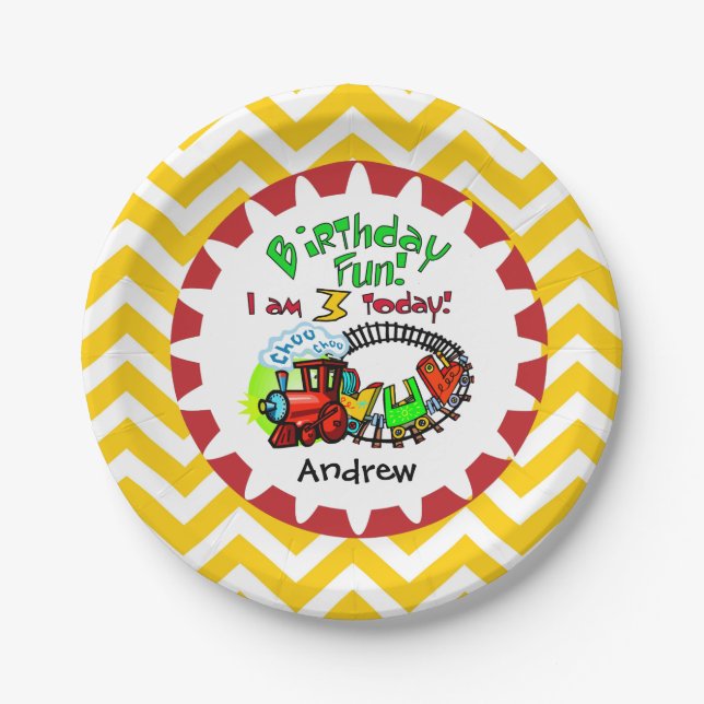 Personalized Train 3rd Birthday Paper Plates (Front)