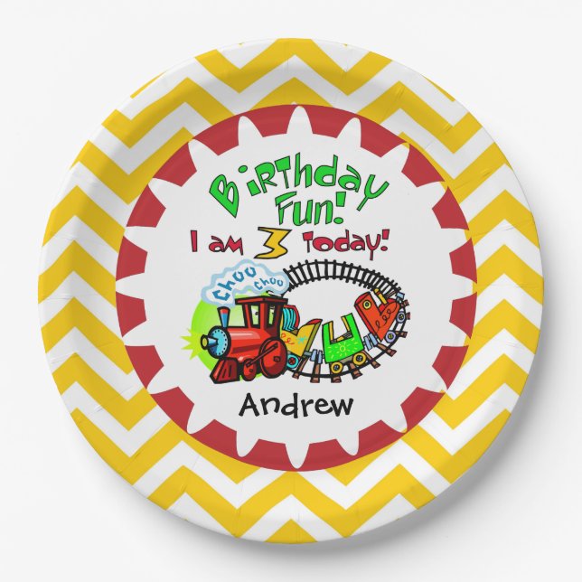 Personalized Train 3rd Birthday Paper Plates (Front)