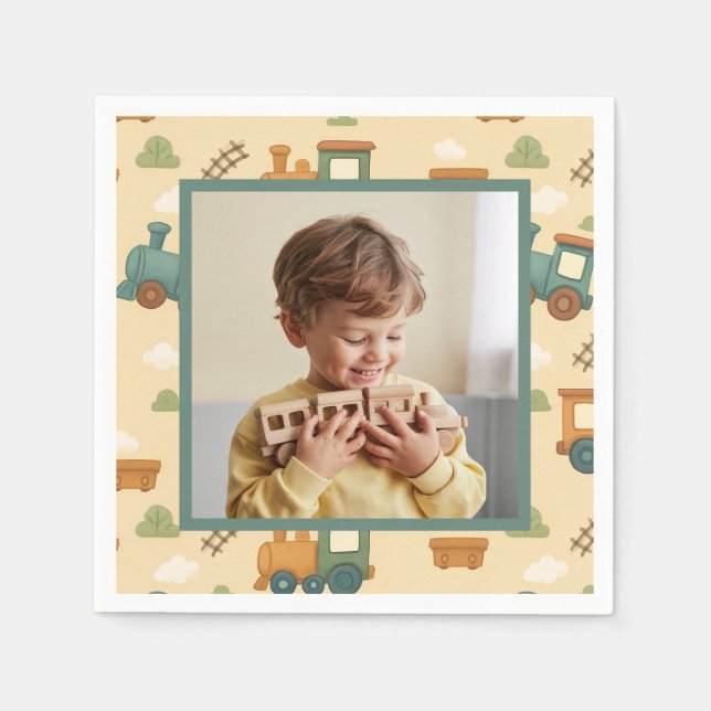 Personalized Train Birthday Photo Napkins (Front)