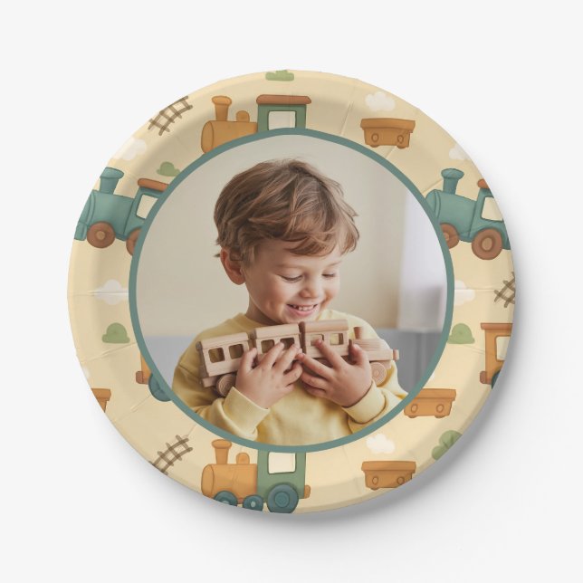Personalized Train Birthday Photo Party Paper Plates (Front)
