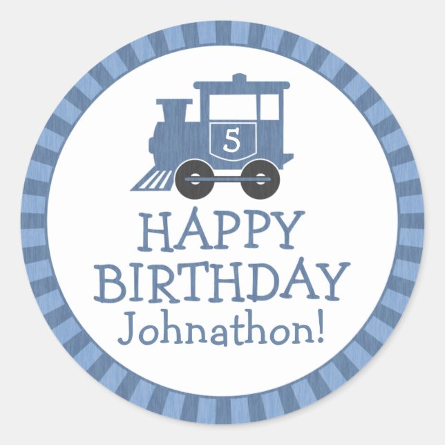 Personalized Train Kids Birthday Stickers Drk Blue (Front)