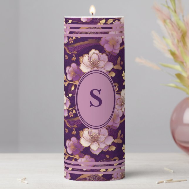 Personalized Tranquil Asian Purple Floral Pillar Candle (In Situ)
