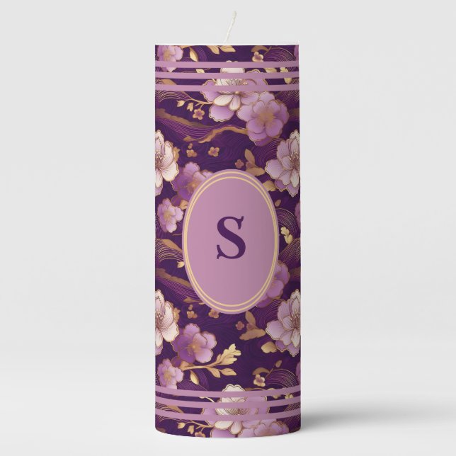 Personalized Tranquil Asian Purple Floral Pillar Candle (Front)