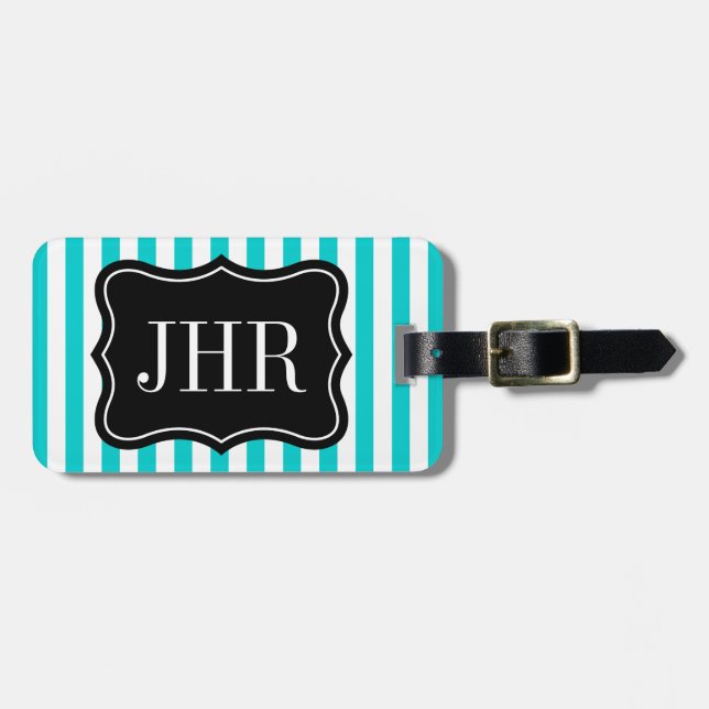 Personalized travel luggage tag | turquoise stripe (Front Horizontal)