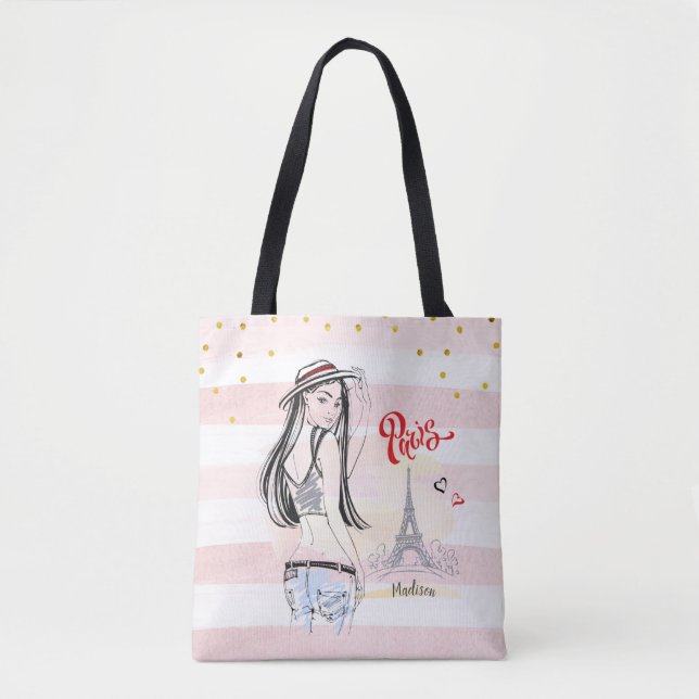 Personalized Travel Paris Pink Stripes Sketch   Tote Bag (Front)