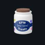 Personalized Treat Jar<br><div class="desc">EPWs have their own treat jar! Featuring the bone and pawprint designs from Holly's Half Dozen, Misty's Weather Litter, and Bea, customize this treat jar with your own name and font.</div>