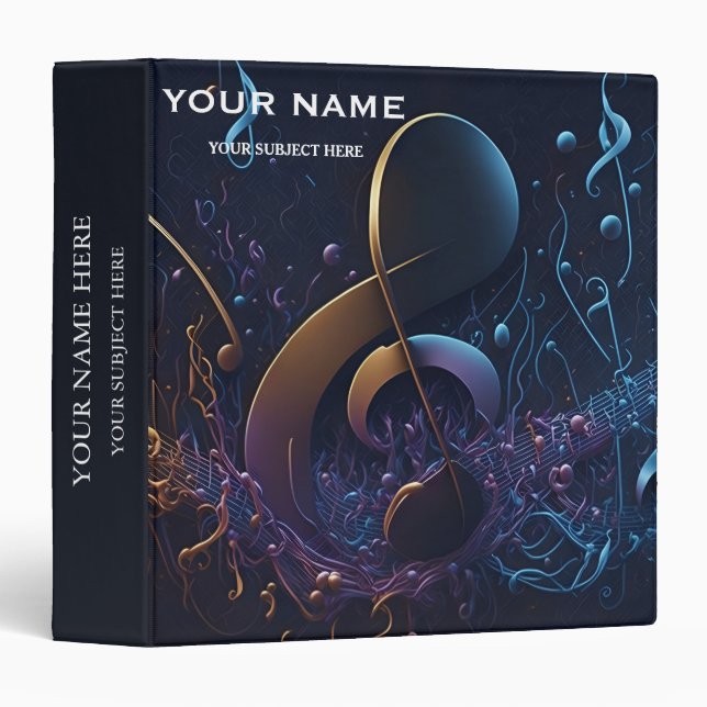 Personalized Treble Clef Musical Note on Black 3 Ring Binder (Front/Spine)