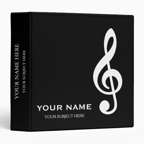 Personalized Treble Clef Musical Note on Black 3 Ring Binder