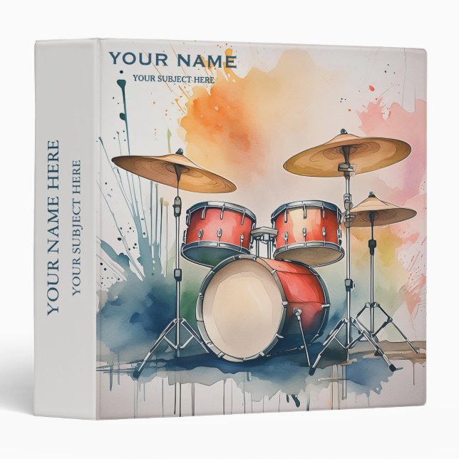 Personalized Treble Watercolor Drum Band Music 3 Ring Binder (Front/Spine)
