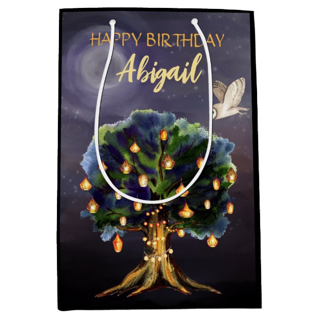Personalized Tree Lanterns, Moon, Owl Birthday Medium Gift Bag (Front)