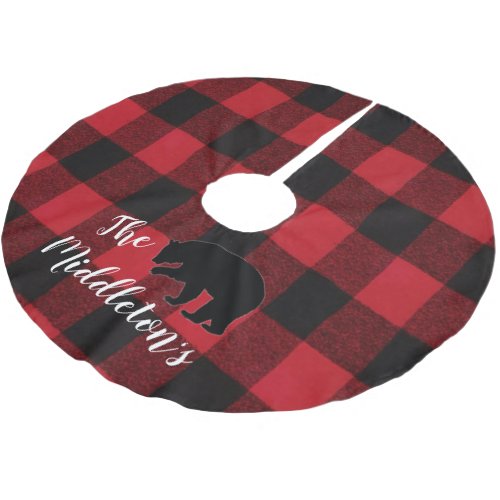 Personalized Tree Skirt Red Buffalo Plaid Bear Bla