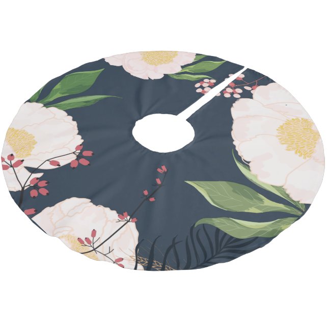 Personalized Tree Skirt White Floral Flowers on Da (Angled)