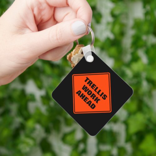 Personalized trellis work ahead orange road sign keychain