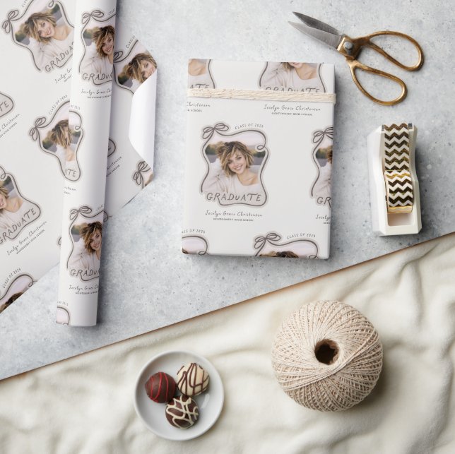 Personalized Trendy Bow Photo Graduation Wrapping Paper (Crafts)