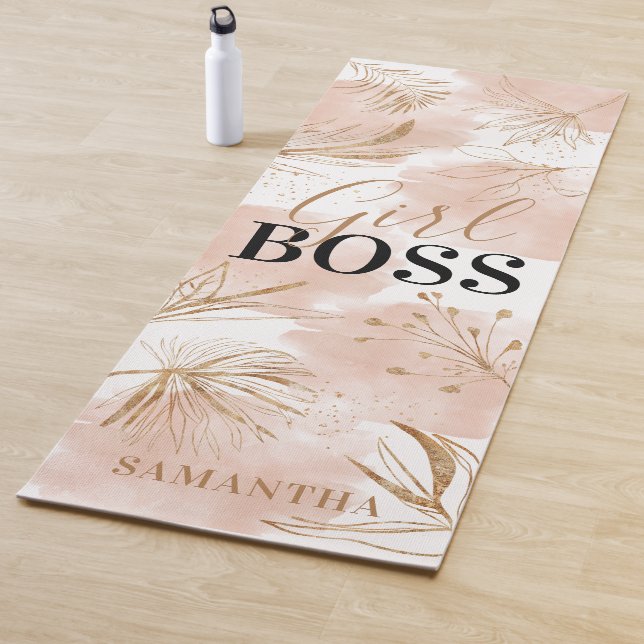 Personalized Trendy Girly Pink & Gold 'Girl Boss' Yoga Mat (In Situ)