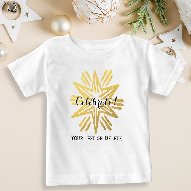 Personalized Trendy Gold Foil Star Festive Holiday Baby T-Shirt (Creator Uploaded)