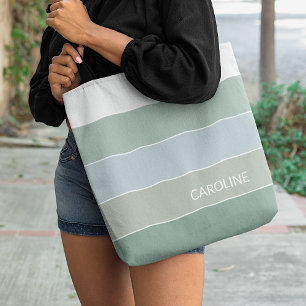 Personalized Trendy Gray Sage Green Stripe Art Tote Bag