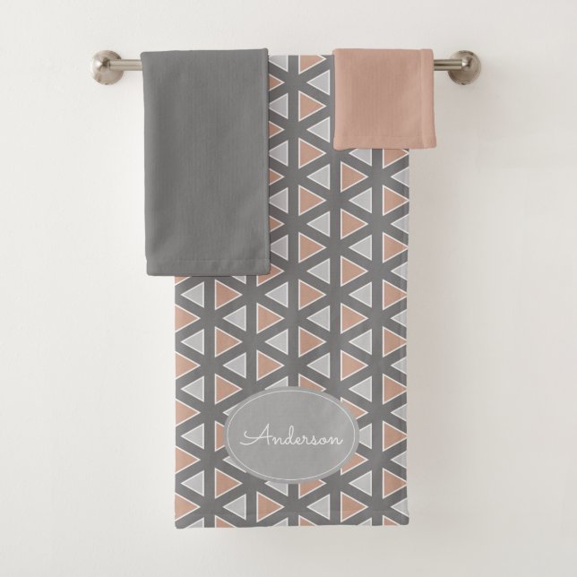 Personalized Trendy Gray & Tan Geometric Pattern Bath Towel Set (Insitu)