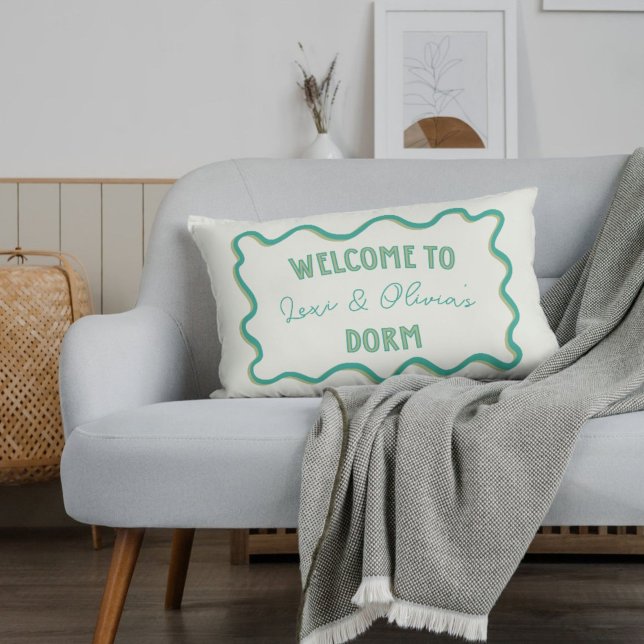 Personalized Trendy Green Hand Drawn Dorm Roommate Accent Pillow (This is a trendy and modern green and blue pillow for your college dorm.)