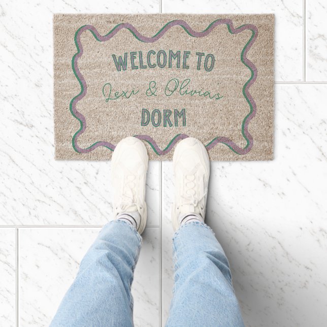 Personalized Trendy Green Hand Drawn Dorm Roommate Fiber Doormat (Insitu)