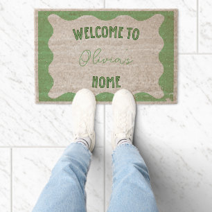 Personalized Trendy Green Hand Drawn Name Fiber Doormat