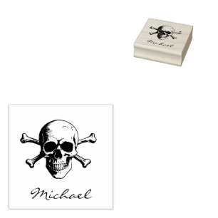 Personalized Trendy Halloween Skull & Crossbones Rubber Stamp