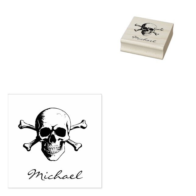 Personalized Trendy Halloween Skull & Crossbones   Rubber Stamp (Stamped)