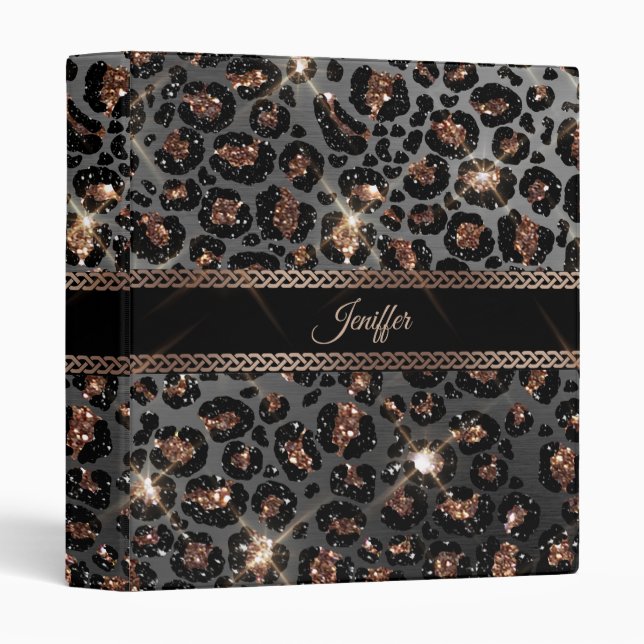 Personalized Trendy Leopard Black Gold Glitter     3 Ring Binder (Front/Spine)