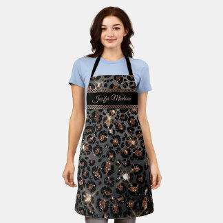 Personalized Trendy Leopard Black Gold Glitter Apron